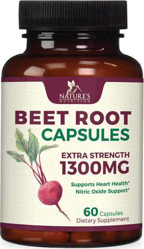 Nature's Nutrition Beet Root Capsules 1300mg Per Serving Natural Beetroot Powder Extract USA Bottled Vegan Herbal Nitrate Supplement Nitric Oxide Supports Natural Endurance and Energy NonGMO 60 Capsules
