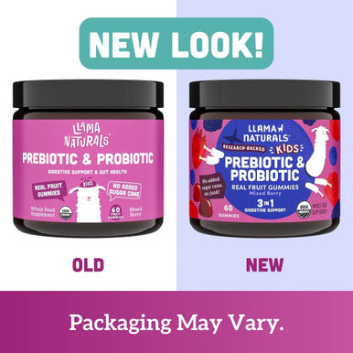 Llama Naturals Kids Probiotic with Prebiotic Fiber Vegan Organic Prebiotics and Probiotics Gummies for Gut Health Support Toddler Real Fruit Gummy Vitamins No Added Sugar Cane Mixed Berry 60 Ct