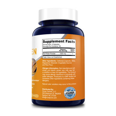 NusaPure Bee Pollen 1500mg 200 Veggie Caps (100% Vegetarian, Non-GMO & ) ly Occurring Proteins and Aminos*