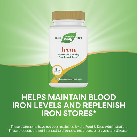 NatureS Way Iron Promotes Healthy Red Blood Cells 18 Mg From Iron Gluconate Per Serving Gluten 100 Capsules (Packaging May Vary)
