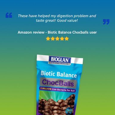 Bioglan Biotic Balance Dark Choc Balls, 3 Billion CFU Probiotic, live cultures wrapped in delicious dark chocolate, contains Lactobacillus Rosell, Bifodobacterium Rosell, & Inulin. 30 balls