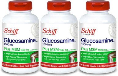 Schiff Glucosamine 1500mg Plus MSM and Hyaluronic Acid 150 Tablets - Joint Supplement (Pack of 3)