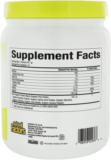 NATURAL FACTORS Organic Unflavored Raw Vegan Protein Pow 13.09 OZ