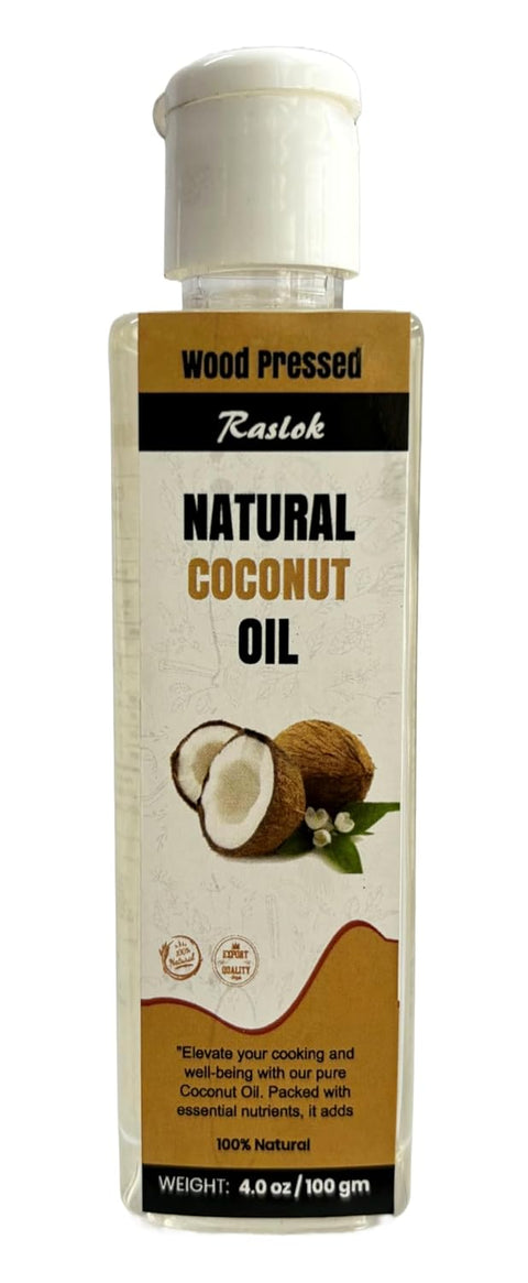 Raslok Wood Pressed 100% Natural Coconut Oil | Naturally Process | Natural Flavor | Pure Coconut Oil | Ideal for culinary, skincare, and hair care purposes. (4 oz)