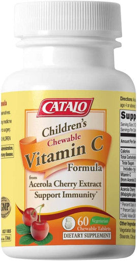 CATALO Childrens Vitamin C Formula Immunity Support with 100mg Vitamin C from Acerola Cherry Extract 60 Chewable Orange and Pineapple Flavor Tablets