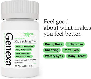 Genexa Kids' Allergy Care | Non-Drowsy Homeopathic Decongestant & Allergy Medicine Relief for Children | Delicious Organic Acai Berry Flavor | 60 Chewable Tablets