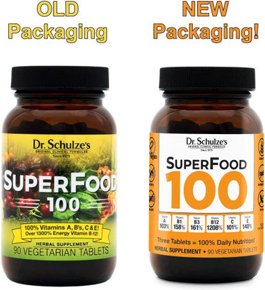 Dr. Schulzes SuperFood 100 Vitamin Mineral Herbal Concentrate Dietary Supplement Daily Nutrition Increased Energy GlutenFree NonGMO Vegan Organic 90 Tabs Packaging May Vary