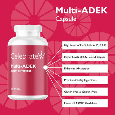 Celebrate Vitamins Multi Adek, Iron ÃƒÂ¢Ã¢â€šÂ¬Ã¢â‚¬Å“ Daily Bariatric Multivitamin, High Level Of Vitamins A, D, E, K & B12 For Duodenal Switch Surgery Patients (180 Capsules)