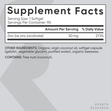 Sports Research High Potency Zinc Picolinate 30Mg With Organic Coconut Oil Highly Absorbable Zinc Supplement For Healthy Immune & Enzyme Function - Non-Gmo Tested & Gluten-(90 Liquid Softgels)