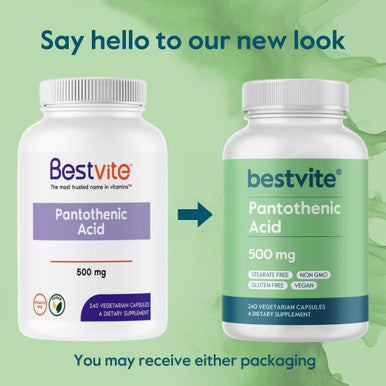 Bestvite Pantothenic Acid 500mg (Vitamin B5)(240 Vegetarian Capsules) - No Stearates - No Gelatin - No Calcium Silicate - Vegan - Non GMO - Gluten