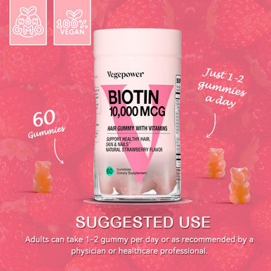 Biotin 10000Mcg Hair Growth Gummies - Vegan Biotin Supplement Supports Healthy Hair, Skin And Nails, Non-Gmo Hair Vitamin Gummy For Women Men Strawberry 60 Bears