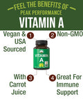 Peak Performance Raw Food Vitamin A Capsules Supplement High Potency Vitamins with Carrot Juice. Great for Immune, Skin, Eye Support. Vegan Pills, Tablets