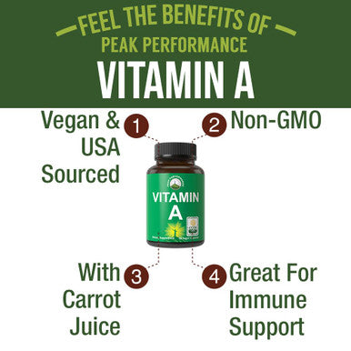 Peak Performance Raw Food Vitamin A Capsules Supplement High Potency Vitamins with Carrot Juice. Great for Immune, Skin, Eye Support. Vegan Pills, Tablets