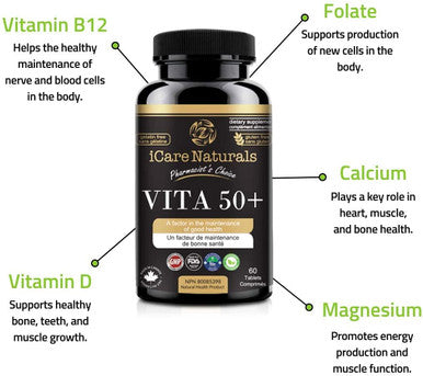 iCare Naturals - Multivitamins for Seniors 50+ - Health Supplement - Gluten-Free, Vegetarian Friendly, Halal - 60 count - 2 months supply
