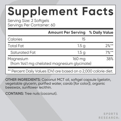 Sports Research Magnesium Glycinate - Suports Restful Sleep & Enzymatic Processes - 160 Mg Chelated Magnesium - Liquid Softgel - 120 Count