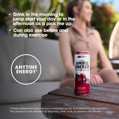 Optimum Nutrition Amino Energy Drink + Electrolytes For Hydration - Sugar Free Amino Acids Bcaa Keto Friendly Sparkling Drink - Juicy Cherry Pack Of 12 (Packaging May Vary)