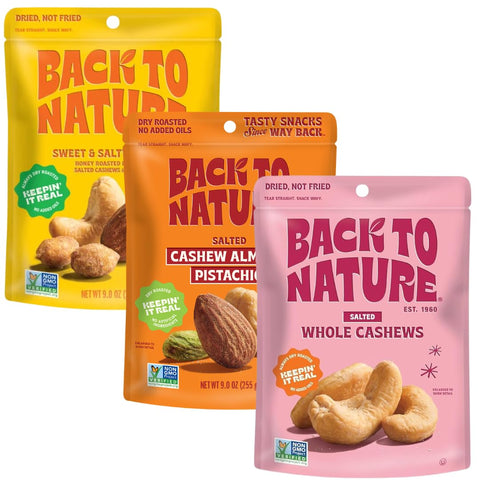 Back to Nature Premium Nut Mix - Cashew, Almond & Pistachio Blend, Dry Roasted with Sea Salt, Non-GMO High Protein Snacks, 9 Ounce (Pack of 9) | Cashew Almond Pistachio Mix, Kosher, No Dairy Added, Non GMO No High Fructose Corn Syrup No Artificials, Wholesome Snacks 9oz