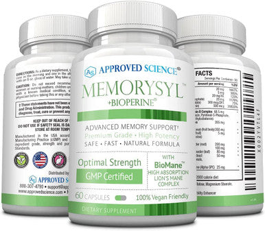 Approved Science MemorySyl Memory Boosting Supplement Improve Focus and Concentration Protect Against Cognitive Decline with Lions Mane and BioPerine 3 Month Supply Vegan