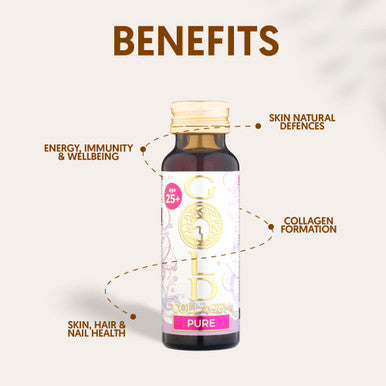 GOLD COLLAGEN Pure - Collagen Supplements for Women & Men Biotin Hair Growth, Skin & Nail, Anti Wrinkle Immune System Booster Marine Collagen and Hyaluronic Acid Vitamin C B6 and Zinc 1 Pack 10x50 ml