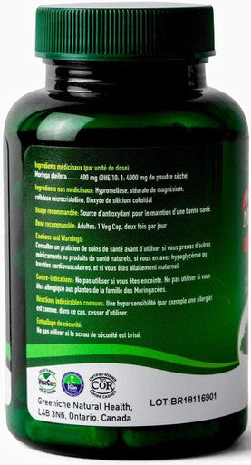 Greeniche Moringa Oleifera - 60 Vegetarian Capsules Natural and Organic Source of antioxidants / Source d'antioxydants Non GMO, Soy Free, Gluten Free Halal and Kosher Certified
