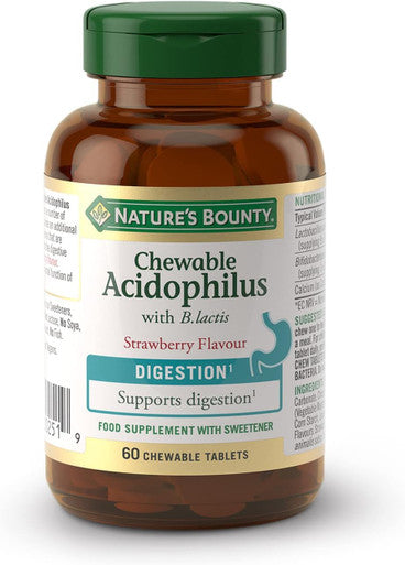 Nature's Bounty Chewable Acidophilus With B. Lactis Strawberry Flavour Tablets - Pack Of 60 Chewable Tablets - 1 Billion Active Cultures Per Tablet - Suitable For Vegetarians And Vegans