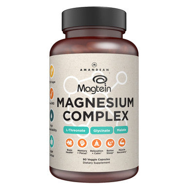 Amandean Magnesium L-Threonate Complex Magtein Glycinate Malate Supplement 90 Veggie Capsules High Absorption Bisglycinate Chelate + DiMagnesium Malate. Brain Health Memory, Focus Sleep Calm*.