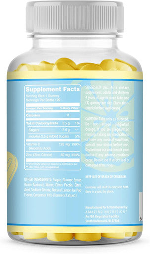 Amazing Nutrition Formulas Vitamin C with Zinc Supplement | Lemon Ice Pop Flavor | 120 Gummies
