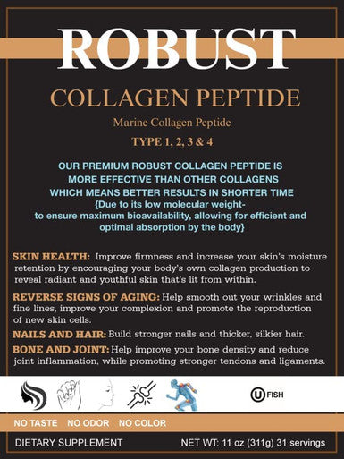 Robust Collagen Peptide Robust Pure Hydrolyzed Marine Collagen Peptide Quality.Type 1 2 3 and 4 Low Molecular Weight Maximum Bioavailability and Optimal Absorption.Kosher OU 11 Ounce