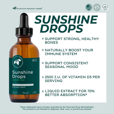 Mountain Meadow Herbs Sunshine Drops Vegan Vitamin D3 Booster for Healthy Bones and Teeth Ideal Winter Supplement Tincture 2oz
