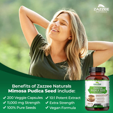 Zazzee Mimosa Pudica Seed 10:1 Extract, 200 Vegan Capsules, 1100 Mg, 3+ Month Supply, Potent 10:1 Extract, Non-Gmo And All-Natura