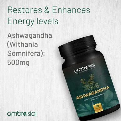 Ambrosial Ambrosial Ashwagandha Capsules 500mg per Capsule | High Strength Ashwagandha Root Powder| Herbal Supplement with Immunity Support | Non-GMO & Gluten (Pack of 1)
