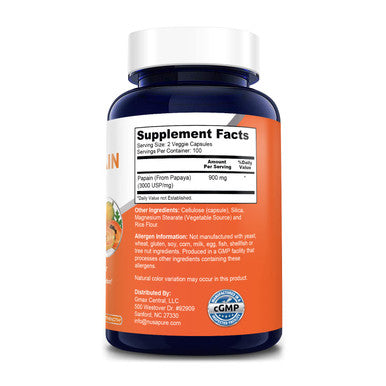 NusaPure Papaya Papain Enzyme 900mg 200 Veggie Caps (100% Vegetarian, Non-GMO & )