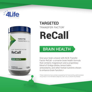 4Life Transfer Factor Recall - Brain Health Supplement for Memory & Learning Support - with Ginkgo Biloba Bacopa Monnieri & Huperzia Serrata - Supports Immune System - 90 Veggie Capsules