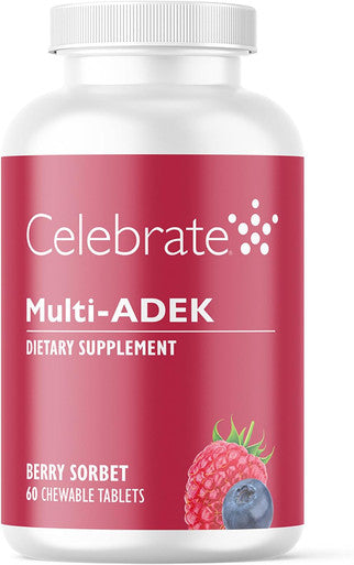 Celebrate Vitamins Multi Adek Chewables, Iron - Daily Bariatric Multivitamin, High Level Of Vitamins A, D, E, K & B12 For Duodenal Switch Surgery Patients - Berry Sorbert (60 Tablets)