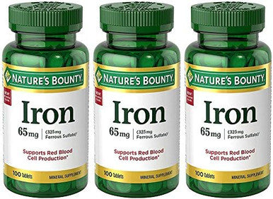 Nature'S Bounty Iron 65Mg, 325 Mg Ferrous Sulfate, Cellular Energy Support, Promotes Normal Red Blood Cell Production, 100 Tablets