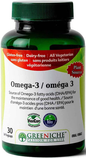 Greeniche Natural Omega-3 Supplement 30 Capsules Source of Omega-3 Fatty Acids DHA/EPA Plant Based Formula One Capsule a day 100% vegetarian Gluten NON-GMO Halal & Kosher