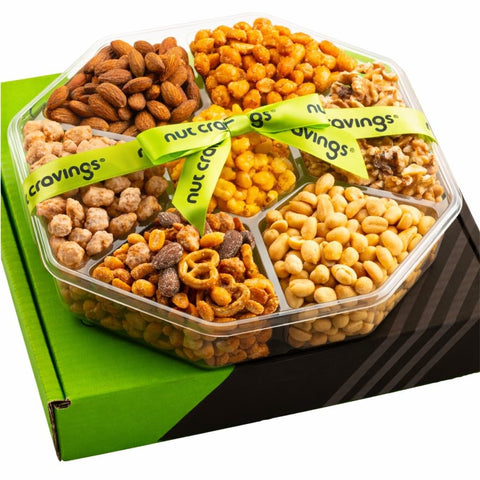 NUT CRAVINGS - Purim Mishloach Manot Mixed Nuts Gift Basket + Green Ribbon (7 Assortments, 1 LB) Ramadan Gifts Treats for Adults, Food Arrangement, Healthy Snack Care Package, Kosher
