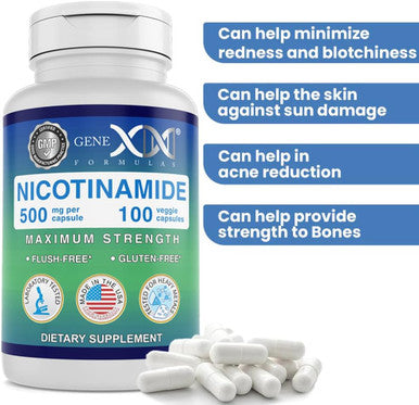 Genex Formulas - Nicotinamide 500Mg Vitamin B3 Flush Niacin Capsules For Healthy Skin - Niacinamide Supplement Pills Help Produce Keratin & Support Skin Cell Health & Energy - (100 Capsules)
