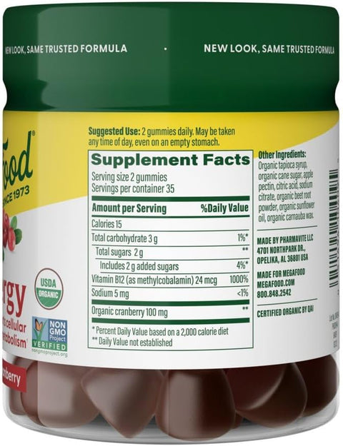 MegaFood Vitamin B12 Energy Gummies Vegan With Methyl B12 Vitamins to Support Cellular Energy Production Cranberry Daily Vitamin B12 Supplement USDA Organic 70 Gummies 35 Servings