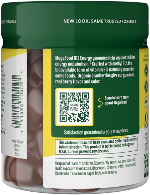MegaFood Vitamin B12 Energy Gummies Vegan With Methyl B12 Vitamins to Support Cellular Energy Production Cranberry Daily Vitamin B12 Supplement USDA Organic 70 Gummies 35 Servings