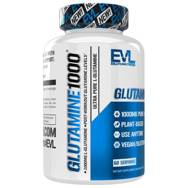 Evlution Nutrition L-Glutamine 1000, 1g Pure L Glutamine , Post Workout, Nitrogen porter, Immune Support, Vegan, Gluten-Free, Veggie Capsules (60 Servings)