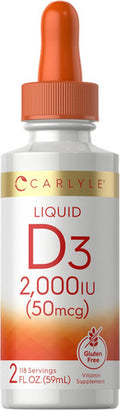 Carlyle Liquid Vitamin D3 | 2000 IU | 2 oz | Vegetarian Non-GMO and Gluten Formula | 50mcg | Vitamin D Liquid Drops for Adults