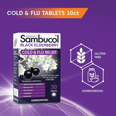 Sambucol Cold And Flu Relief Tablets - Homeopathic Cold Medicine Nasal & Sinus Congestion Relief Use For Runny Nose Coughing Cold Remedy For Adults - Black Elderberry 30 Count 2-Pack