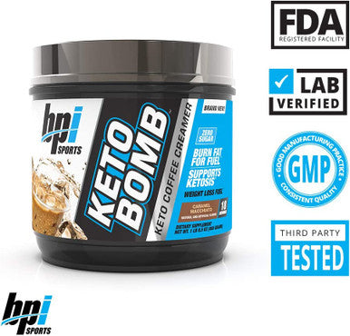 BPI Sports Keto Bomb - Supports Energy, Hydration, and Fat Loss - MCT and Electrolytes - Sugar-Free with Calcium - Caramel Macchiato, 18 Servings