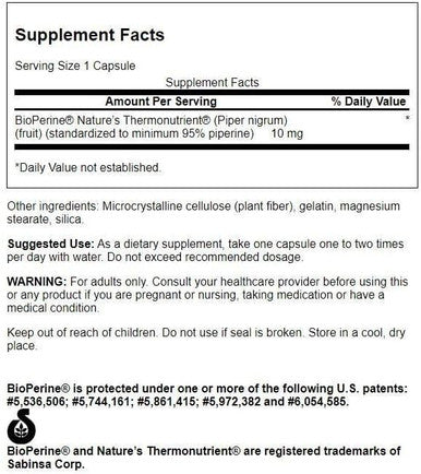 Swanson Bioperine Nutrient Absorption Enhancer 10 Milligrams 60 Capsules