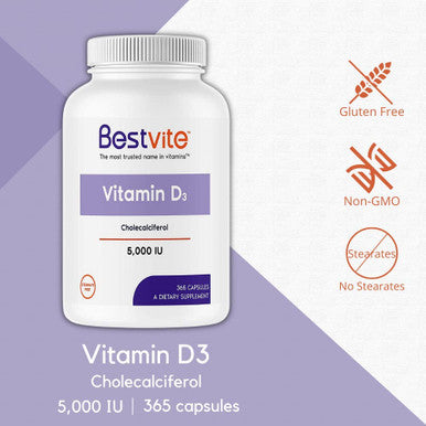 Vitamin D3 5000 IU (365 Capsules) - No Stearates - Non GMO - Gluten Free