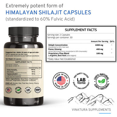Vinatura Shilajit Pure Himalayan Capsules 1500Mg Supplement