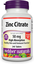 Webber Naturals Zinc Citrate 50 mg 240 Tablets Highly Absorbable for Immune Skin and Prostate Support of Dairy and Gluten Vegan