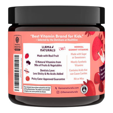 Llama Naturals Kids Multivitamin Gummies Vegan Organic with Vitamin D C & K Toddler Real Fruit Gummy Vitamins Chewable Supplement Whole Food Multivitamin No Added Sugar Cane Strawberry 90 Ct