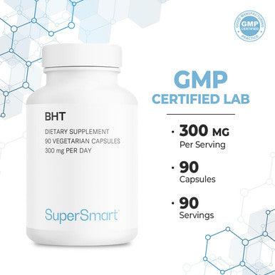 Supersmart BHT 300 mg Per Day Butylated Hydroxytoluene Powerful Antioxidant Immune Support Anti Aging Supplement NonGMO Gluten Free 90 Vegetarian Capsules